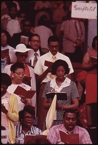 Members Of The Jehovah's Witnesses Sing During Outdoor Worship Services At The Group's Annual Convention At Chicago's Sox Park, 07/1973. Photographer: White, John H. Original public domain image from Flickr