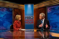 Secretary of Defense Chuck Hagel joins Judy Woodruff on the set of the PBS NewsHour in Arlington, Va., Sept. 18, 2013, to discuss reviews he ordered in the wake of the Washington Navy Yard shootings two days earlier as well as security issues in the Middle East. (DoD photo by Sgt. Aaron Hostutler, U.S. Marine Corps)