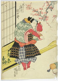 Näyttelijä ichikawa danjuro vii näytelmässä hisago no gumbai (kurpitsanmuotoinen viuhka), 1820, by Utagawa Kunisada
