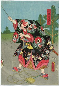 Näyttelijä nakamura denzo (?) näytelmässä azumakagami soga no sewagoto (sogan suvun historia), 1857, by Utagawa Kunisada
