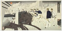 Laivan j&auml;re&auml; kanuuna. kohtaus japanin ja kiinan v&auml;lisest&auml; sodasta (1894-95), 1894 - 1895, Mizuno Toshikata