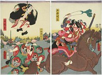 Näyttelijät ichikawa danzo vi, nakamura fukusuke ja kataoka ichizo näytelmässä irifune soga nihon no torikachi (sogan suku valloittaa japanin), 1857, by Utagawa Kunisada