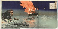 Pelastautuminen palavasta sotalaivasta. kohtaus japanin ja kiinan välisestä sodasta (1894-95), 1894 - 1895, Kobayashi Kiyochika