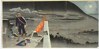 Harada jukichi hyonmun portilla. kohtaus japanin ja kiinan välisestä sodasta (1894-95), 1894, Kobayashi Kiyochika