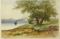 Sommarlandskap med ett större lövträd i mitten samt en ångbåt, 1878, Lars Theodor Billing