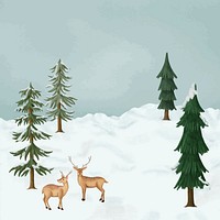 Cute Winter reindeers background, snow forest illustration psd