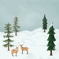 Cute Winter reindeers background, snow forest illustration