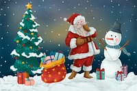Festive Christmas celebration background, Santa, snowman illustration