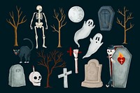 Spooky Halloween decoration, collage element set psd