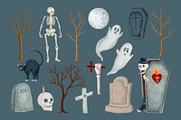 Spooky Halloween decoration, collage element set psd