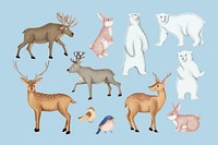 Christmas animals, cute polar bear, reindeer collage element set vector