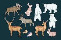 Christmas animals, cute polar bear, reindeer collage element set vector