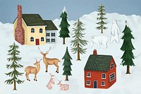 Christmas village, houses, cottages collage elements vector