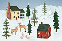 Christmas village, houses, cottages collage elements psd