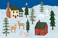 Christmas village, houses, cottages collage elements psd