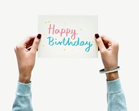 Happy Birthday card, woman holding note psd
