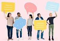 People holding speech bubble mockups psd