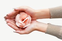 Pink flower, feminine hand holding and cupping paper craft decoration psd