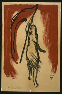 Woman carrying a red flag  W.R.H.