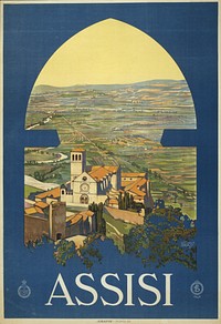 Assisi, the countryside as if from a window in a tower (1920) vintage poster by Vittorio Grassi. Original public domain image from the Library of Congress.