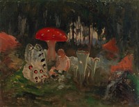 The princess and a butterfly underneath a fly agaric, sketch for the painitng farity tale princess, 1895 - 1896, by Thorsten Wasastjerna