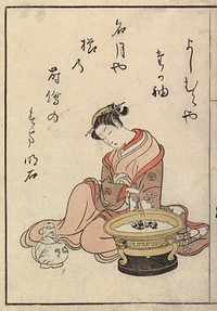 Tyttö hiilloksen ääressä (syksyllä), kuvan yli kulkevien säerivien kuvaamana, 1770, Suzuki Harunobu