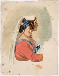 Aihe italiasta: huivipäisen naisen rintakuva, profiili, 1840 - 1873, by Robert Wilhelm Ekman