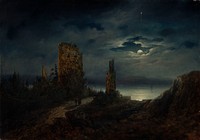 Stegeborg castle ruins by moonlight, 1851 - 1853, Lars Theodor Billing