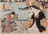 Näyttelijät ichikawa danjuro viii ja ichikawa kodanji iv näytelmässä kagamiyama kokyo no nishikie (vanha värikuva kagami-vuoresta), 1853, by Utagawa Kunisada