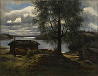 View from aurej&auml;rvi lake in the parish of kuru, 1872, Fredrik Ahlstedt