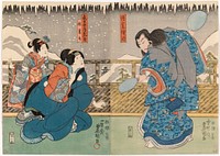 Näyttelijät sawamura sojuro ja onoe baiko näytelmässä hime komatsu (pikku mänty eli vuodenalun leikkejä), 1850, by Utagawa Kunisada