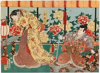 Näyttelijät ichikawa kodanji iv ja iwai kumesaburo näytelmässä nani takashima ryuta jitsuroku (totuus kuuluisasta palloleikistä), 1855, by Utagawa Kunisada