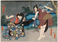 Näyttelijä ichikawa danjuro viii ja ichikawa kodanji iv näytelmässä mimasu no date-zome (upea näyttelijän viitta), 1853, by Utagawa Kunisada