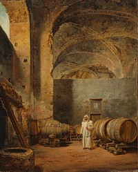 A monk in a ruin which has been made into a wine cellar, 1823, by Alexander Lauréus