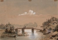 Lake landscape, man angling on a bridge, 1848 - 1860, Werner Holmberg