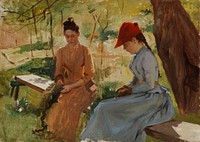 Girls binding garlands (the artist's sisters annie and berta binding garlands), study, 1886, by Albert Edelfelt