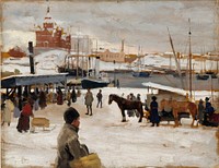 Winter day in helsinki market square, study ; sketch for winter day at the market place in helsinki, 1889, by Albert Edelfelt