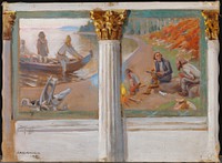 Lönnrot ja runonlaulajat, luonnos helsingin yliopiston juhlasalin seinämaalaukseksi, 1912, by Akseli Gallen-Kallela