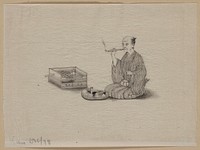 An elderly man, seated, smoking