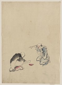 Katsushika Hokusai's two men playing a game or gambling, possibly involving dice of some sort