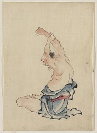 Katsushika Hokusai's man, bare-chested, sitting cross-legged with arms raised over his head, stretching or practicing yoga(?)