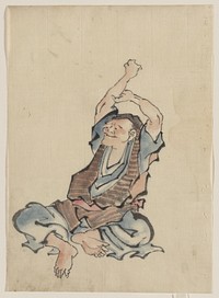 A man, facing left, wearing several layers of clothing, sitting with arms raised over his head, practicing yoga
