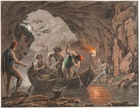 Water color; Night Fishing at the Entrance to a Cave, Saverio Della Gatta