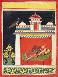 Two lovers in a pavilion, from an Amarushataka (Hundred poems of Amaru), or an unidentified erotic series