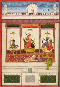 Devi with Krishna and Vishnu in a Palace