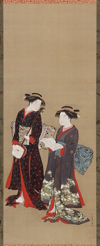 Two girls standing, one holding an open book, Kitao Shigemasa