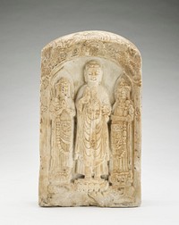 Standing Buddha with bodhisattvas (on one side) and Seated bodhisattva (on other side)