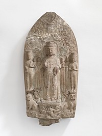 Standing bodhisattvas with monks, Pratyekabuddhas, lions, and apasaras