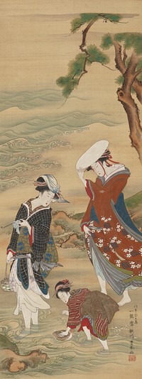 Two women and a girl on the seashore, Utagawa Toyoharu