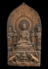 Buddhist tablet: seated central figure flanked by monk and Bodhisattva on either hand; rectangular base, and figure of Buddha in sunken relief on reverse